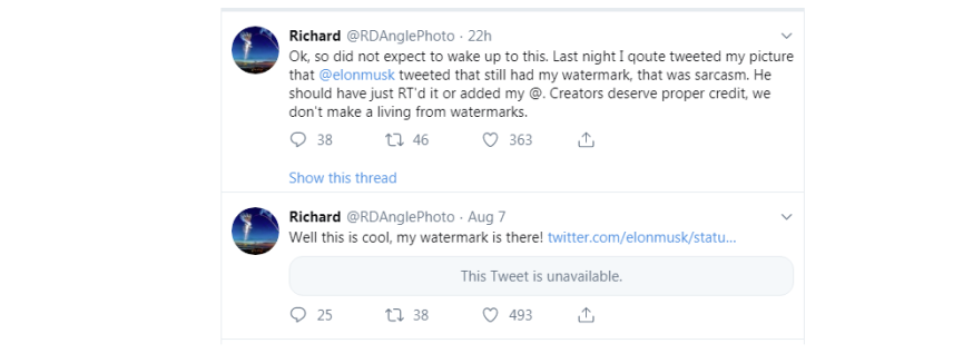 Elon Musk, credits onder foto, auteursrecht, topman Elon Musk, Tesla, Elon Musk blokkeert mensen die credits vragen