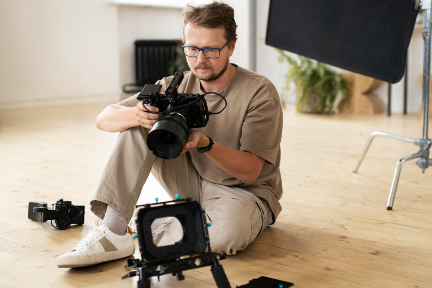 Afbeelding: Een fotograaf in een studio die een video-rig voorbereidt voor de overstap van fotografie naar filmproductie