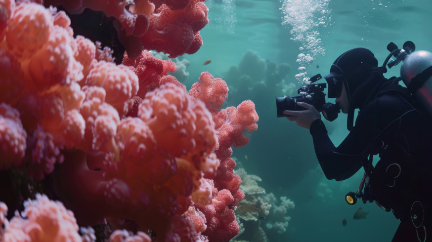 Afbeelding: duiker fotografeert van dichtbij een groot, felrood zacht koraal met een uitgebreide camera-set voorzien van flitsers om de kleur terug te brengen