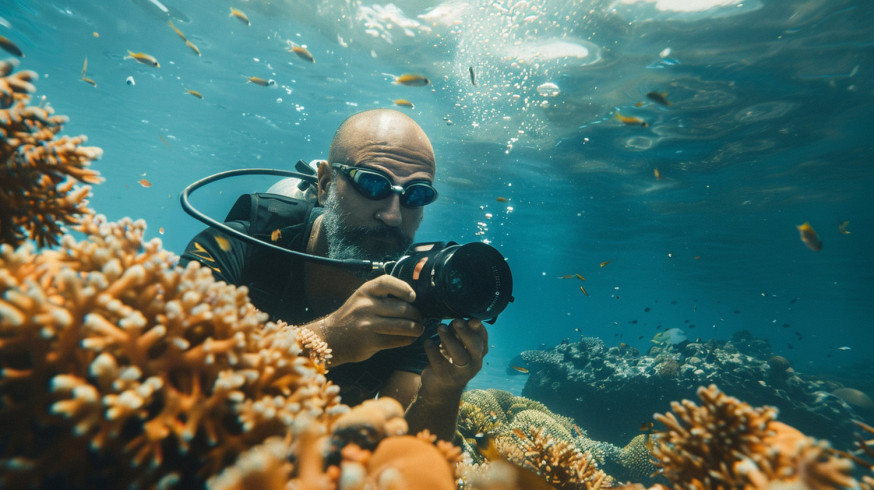 Afbeelding: onderwaterfotograaf met duikbril hanteert geconcentreerd een grote onderwatercamera met professionele onderwaterbehuizing boven een koraalrif