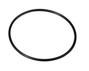 Afbeelding: Close-up van een zwarte rubberen O-ring voor een camera-onderwaterbehuizing op een witte achtergrond