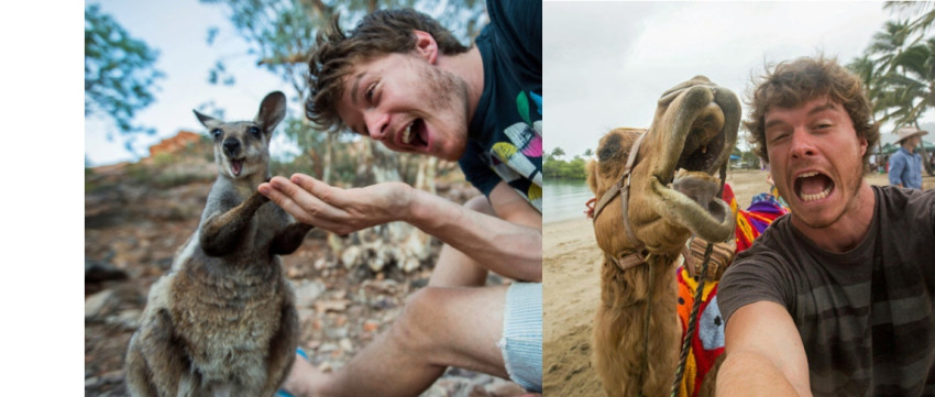 Wereldreiziger maakt selfies met dieren