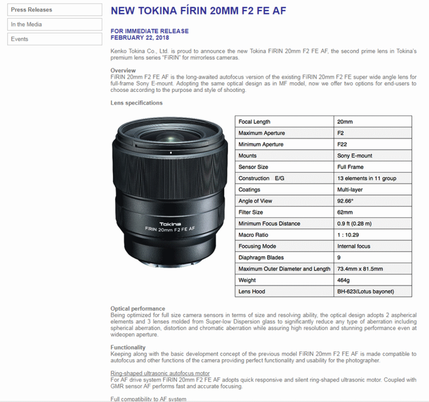 Tokina komt met AF-versie van Firin 20mm F2 FE objectief