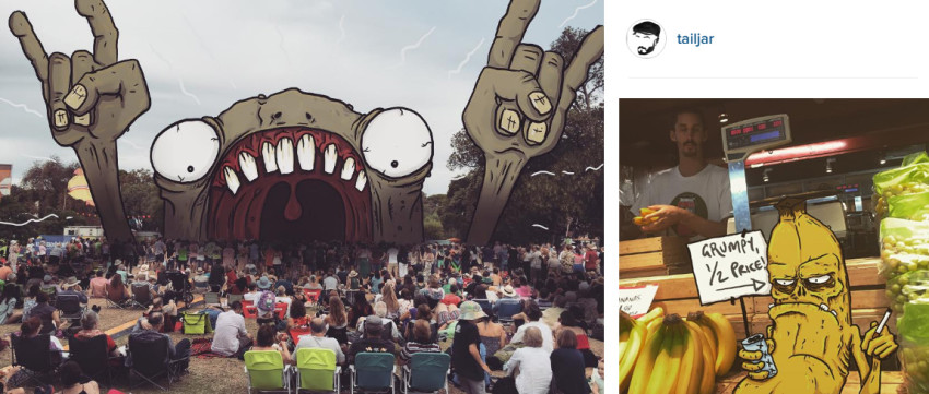 Kunstenaar luistert foto's op met getekende monsters